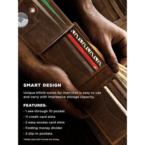 Men Brown Bifold Slim RFID Blocking Wallet with Stealth AirTag Holder Genuine - Picture 5 of 6